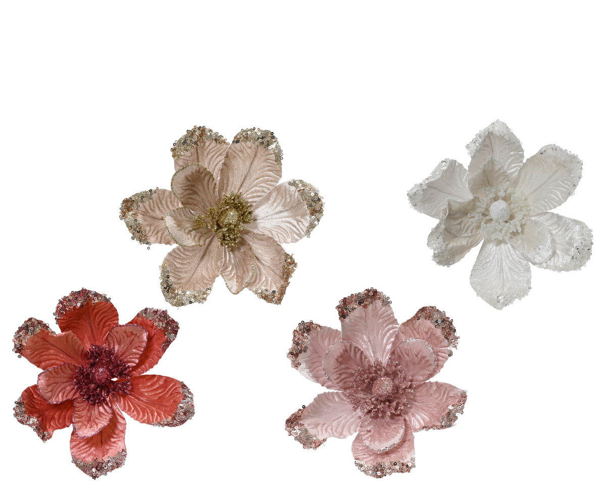 Magnolia On Clip Velvet 20cm | Christmas Flower Clip Decoration
