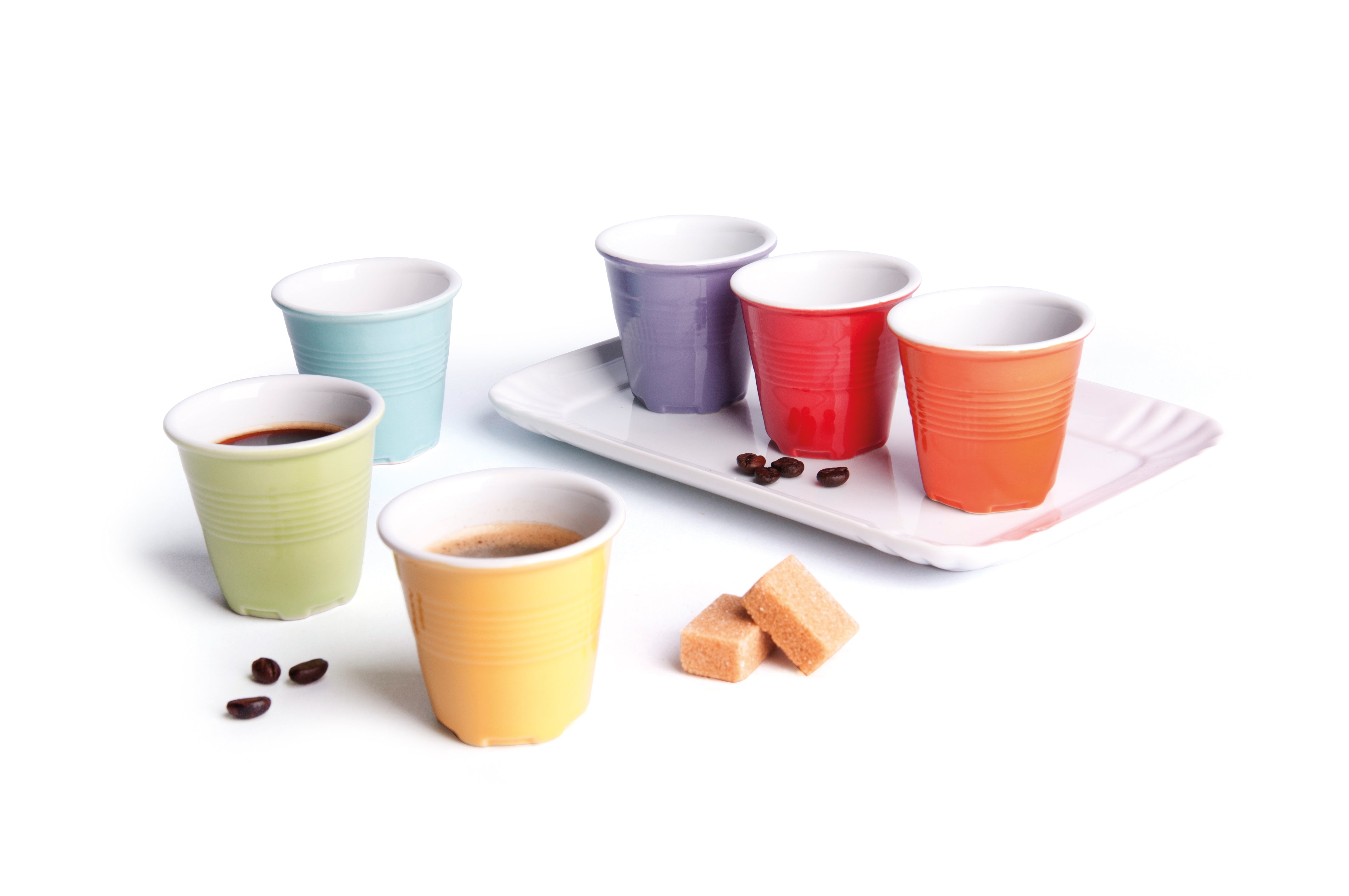 Set Of 6 Coffee Cups With Tray - Ceramic, Multicolored, 50 ml