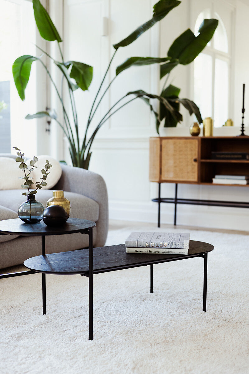 2-Tier Coffee Table "Kemi" with Black Fiberboard & Iron Legs