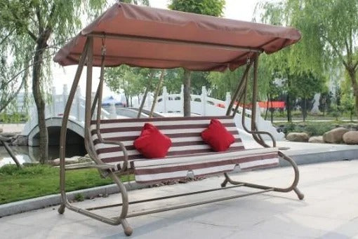 Metal Swing 3 Seaters Folding Bed Outdoor Brown Canopy Stripe Beige Brown