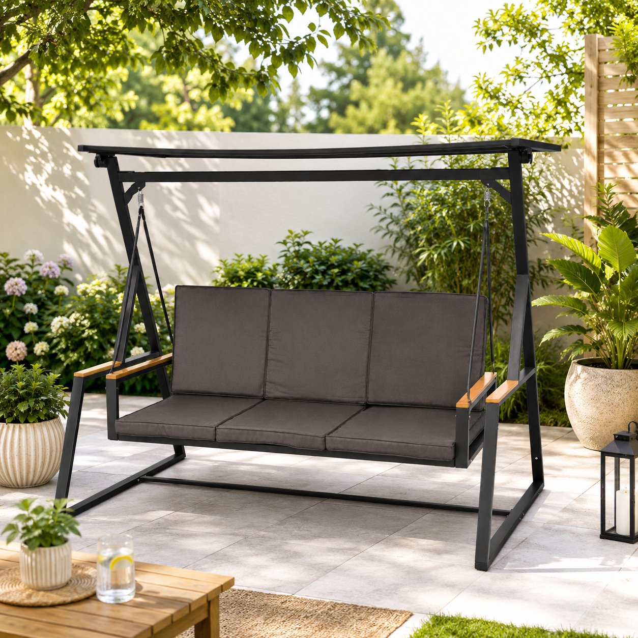 Modern Outdoor 3-Seater Swing Bench with Steel Frame – Garden Patio Hanging Sofa
