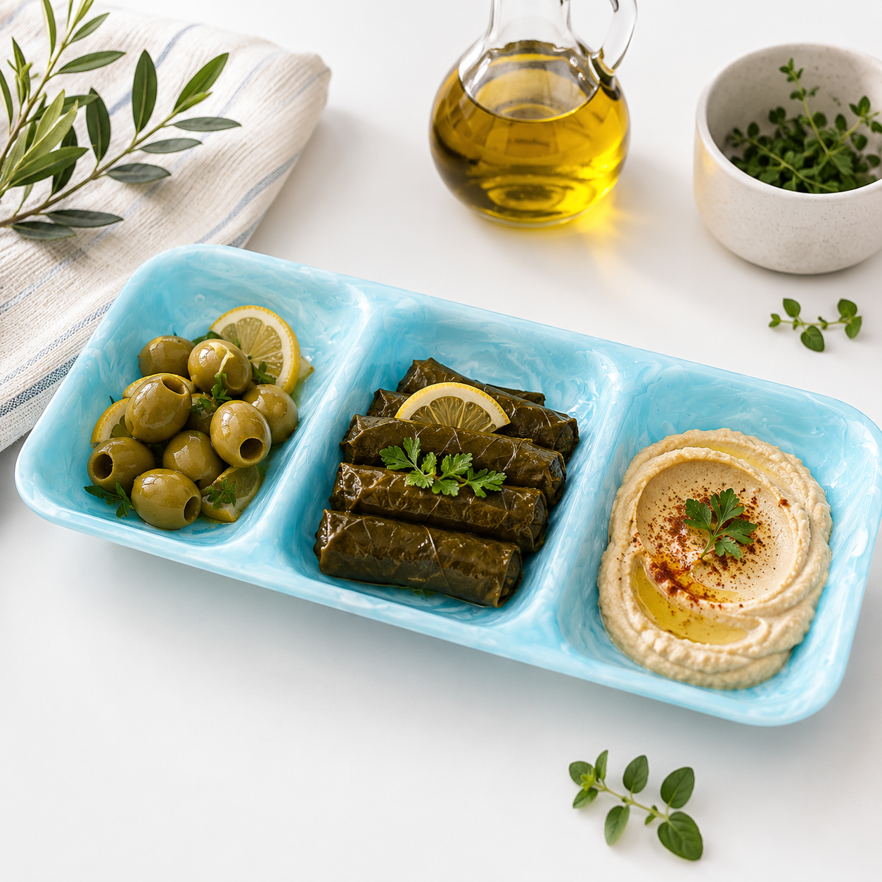 Resin 3-Compartment Flat Serving Dish – Blue 36 × 14 × 3.3 cm