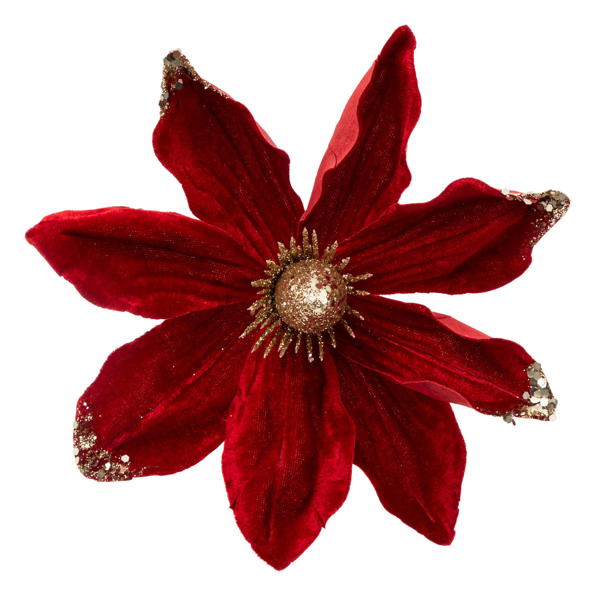 Magnolia Subject 22 cm Red - Clip-On Christmas Magnolia Flower Ornament with Gold Glitter