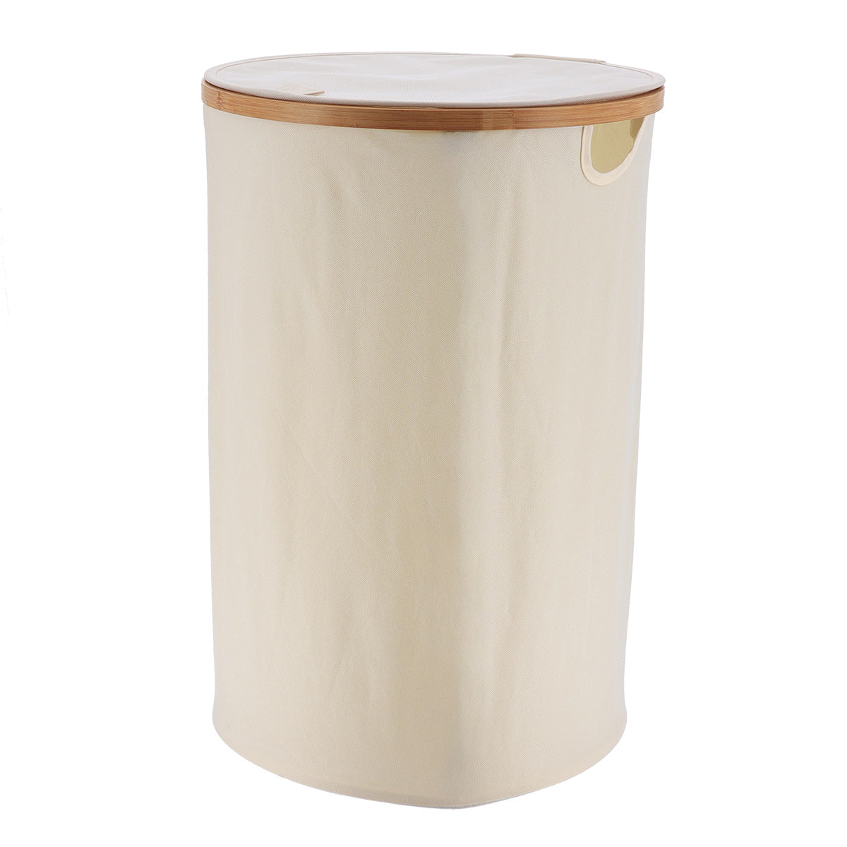 Foldable Round Laundry Basket with Lid, 70L, Polyester and Bamboo Trim