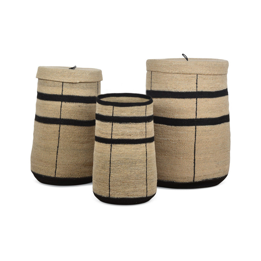 Set of 3 Primitive Baskets Natural Rushing Black Decorative Storage