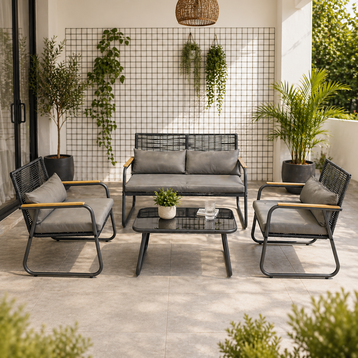 Elegant Steel Lounge Set with Teak Accents