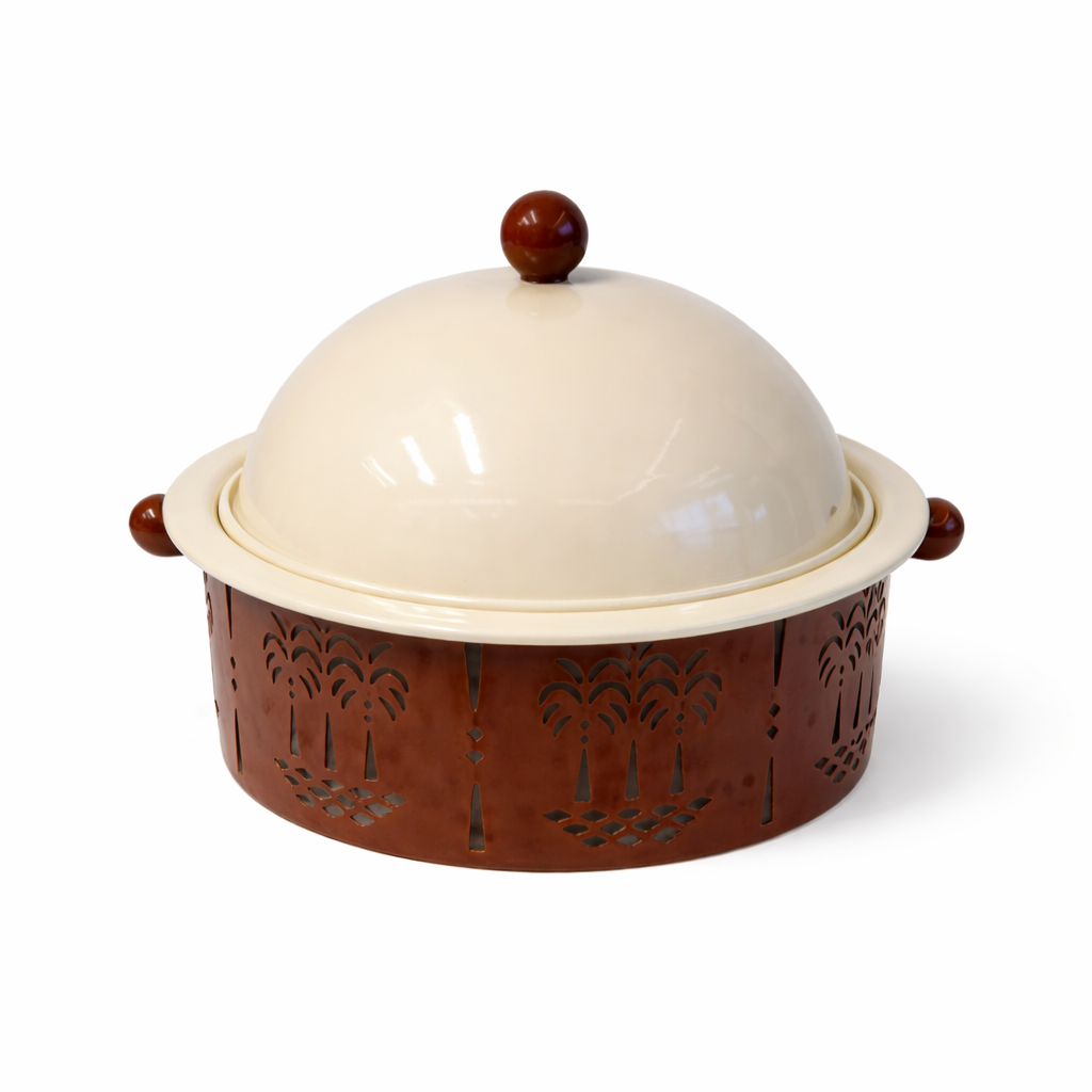 Metal Dome Covered Serving Dish Palm Pattern Burgundy 22×20 & 29×25.5 cm