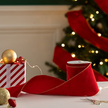 Velvet Ribbon - Red Polyester Velvet Christmas Ribbon, 5 m x 12 cm, Gold Edge