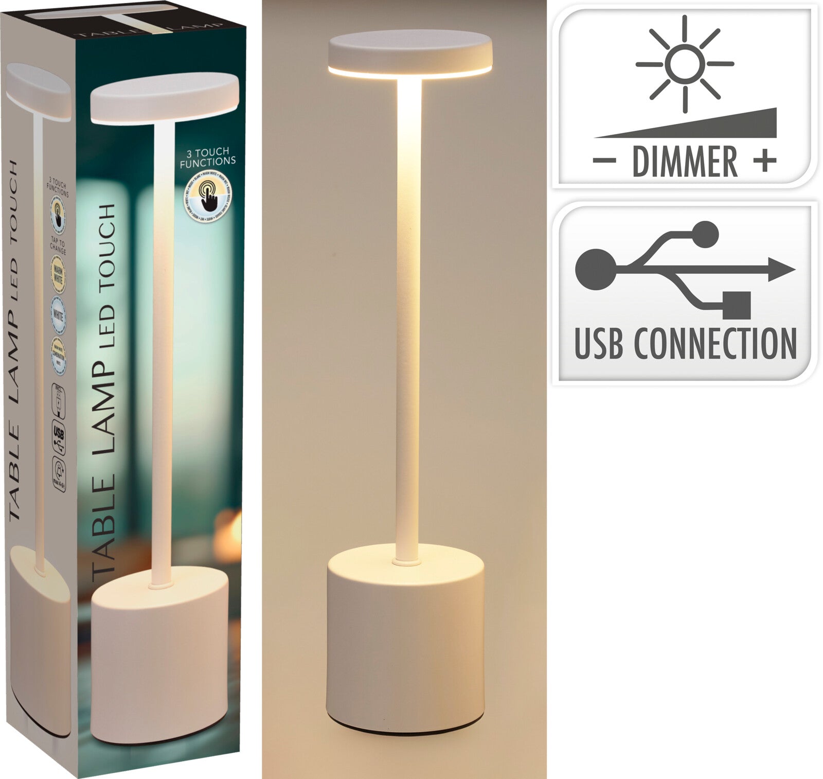 TABLE LAMP LED Touch Rechargeable USB, 3-Mode Dimmable White