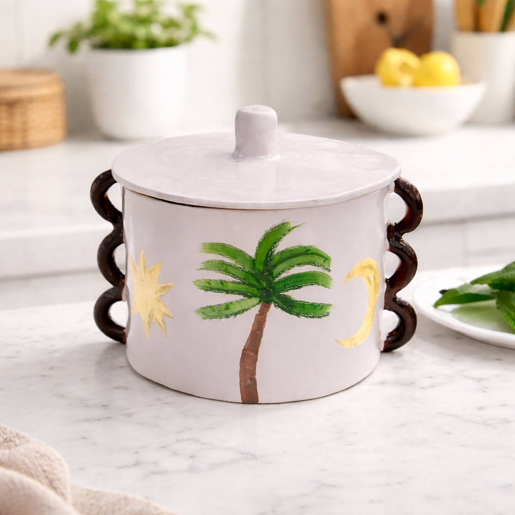 Handmade Ceramic Lidded Serving Pot with Palm Motif D20 x H15 cm