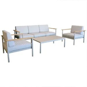 Aluminum Garden Set 4-Piece Outdoor Lounge with Teak Wood and Greige Cushions