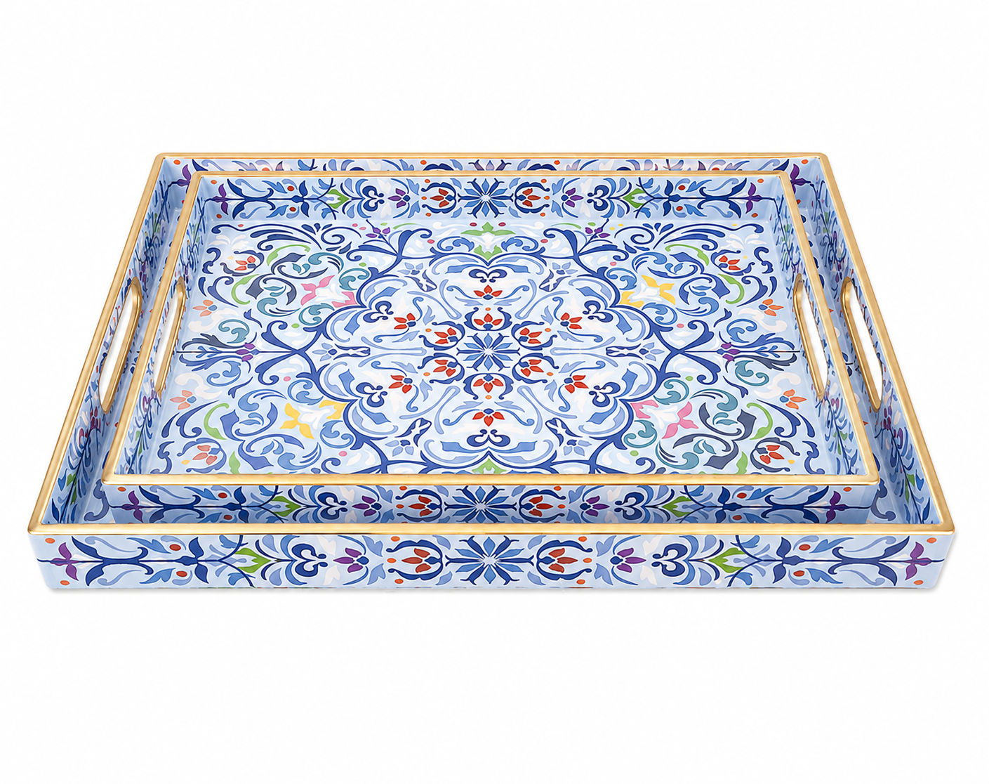 Set of 2 Plastic Rectangular Trays – Blue Floral Design (35×25 cm & 40×30 cm)