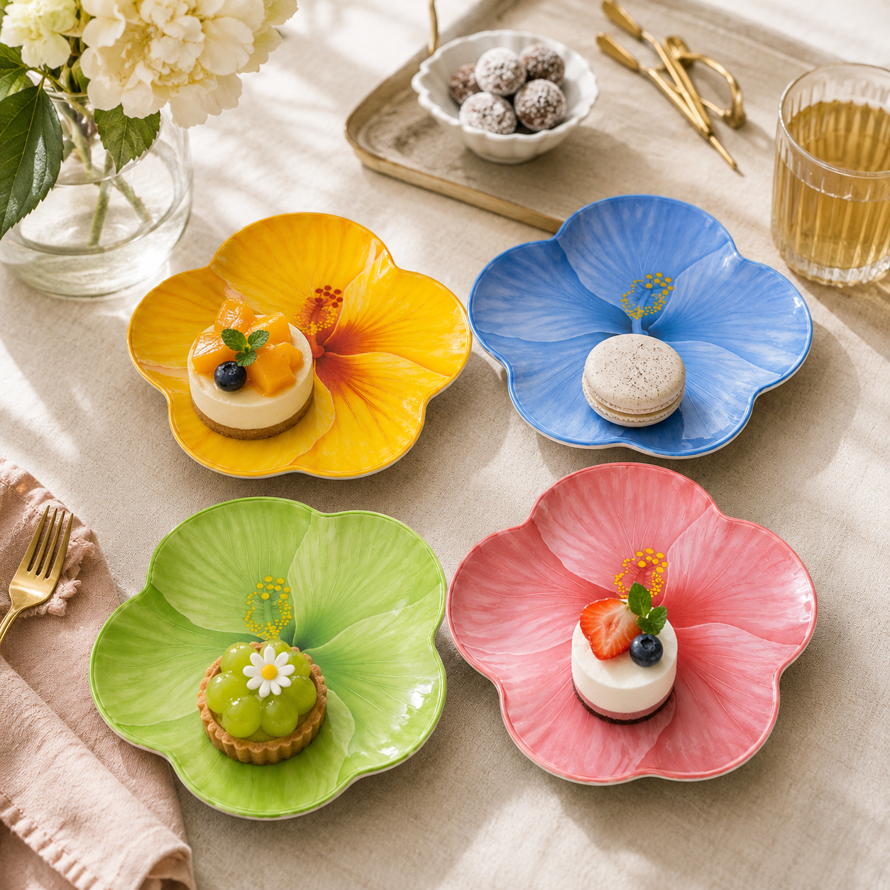 Set of 4 Flower-Shaped Porcelain Plates – 21 cm