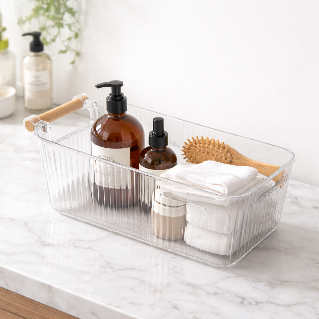 Acrylic Organizer with Wooden Handle, Clear Ribbed, Multiple Sizes