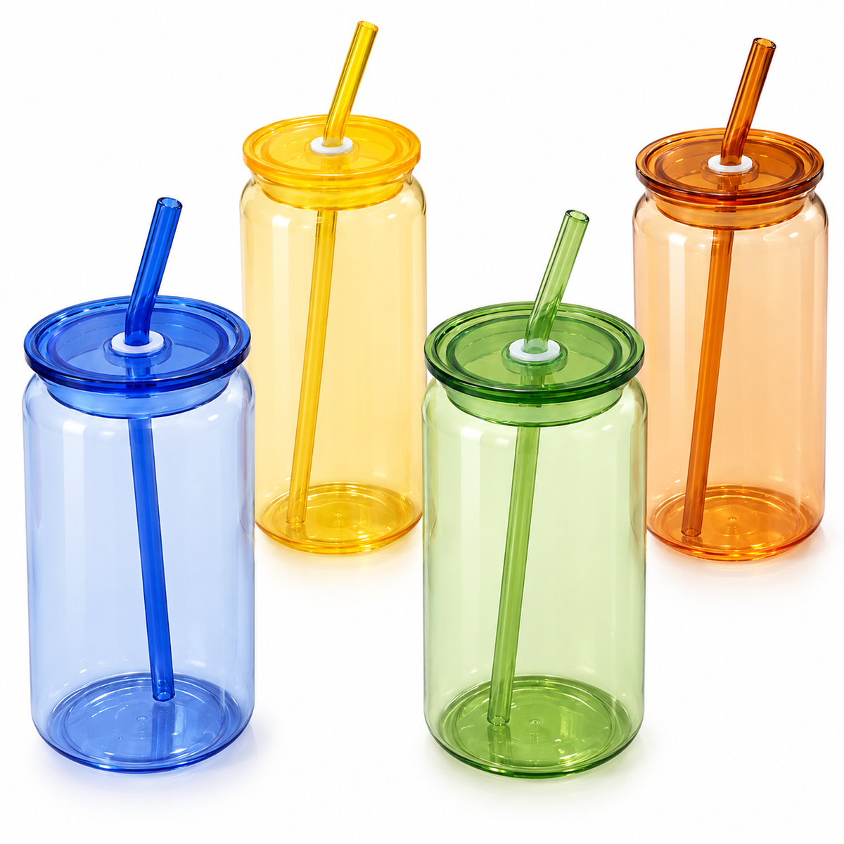 Set of 4 Glass Bottles with Lid & Straw