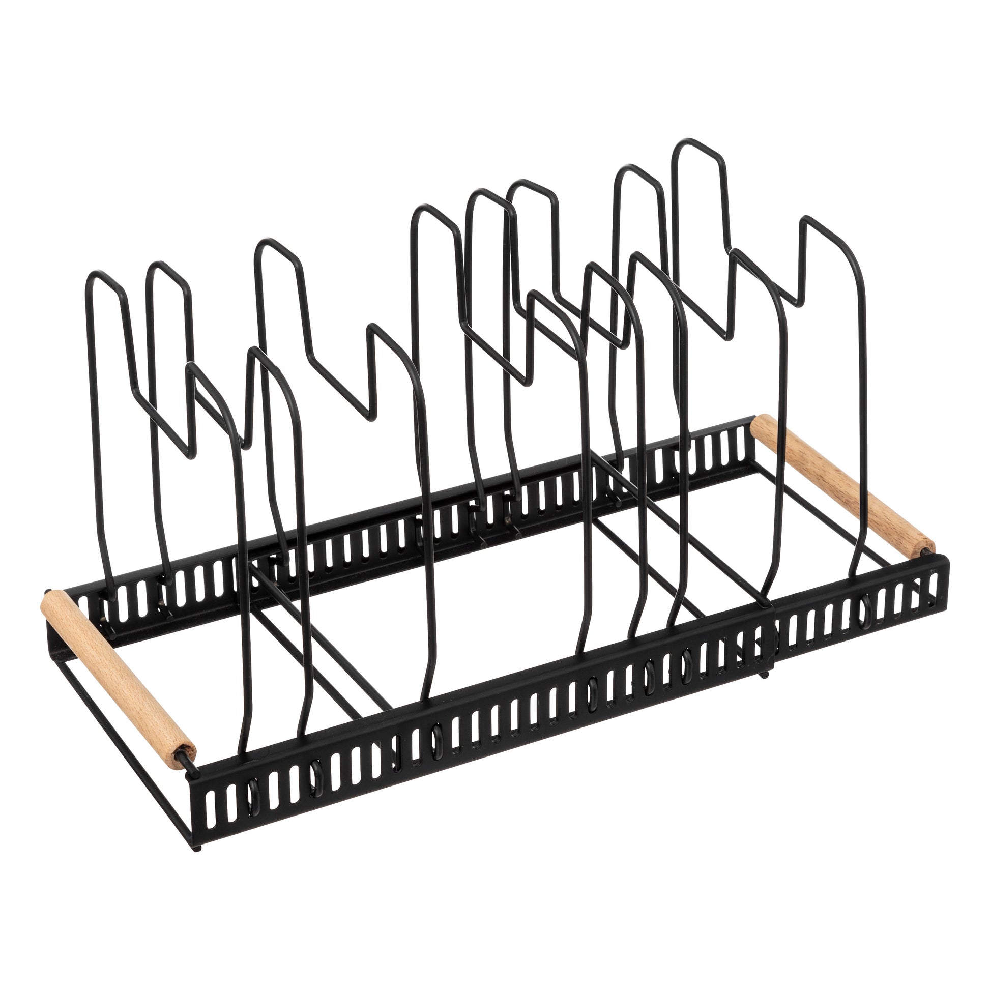 Extendable Rack for Pots and Pans – Steel Organizer, Rubberwood Handles