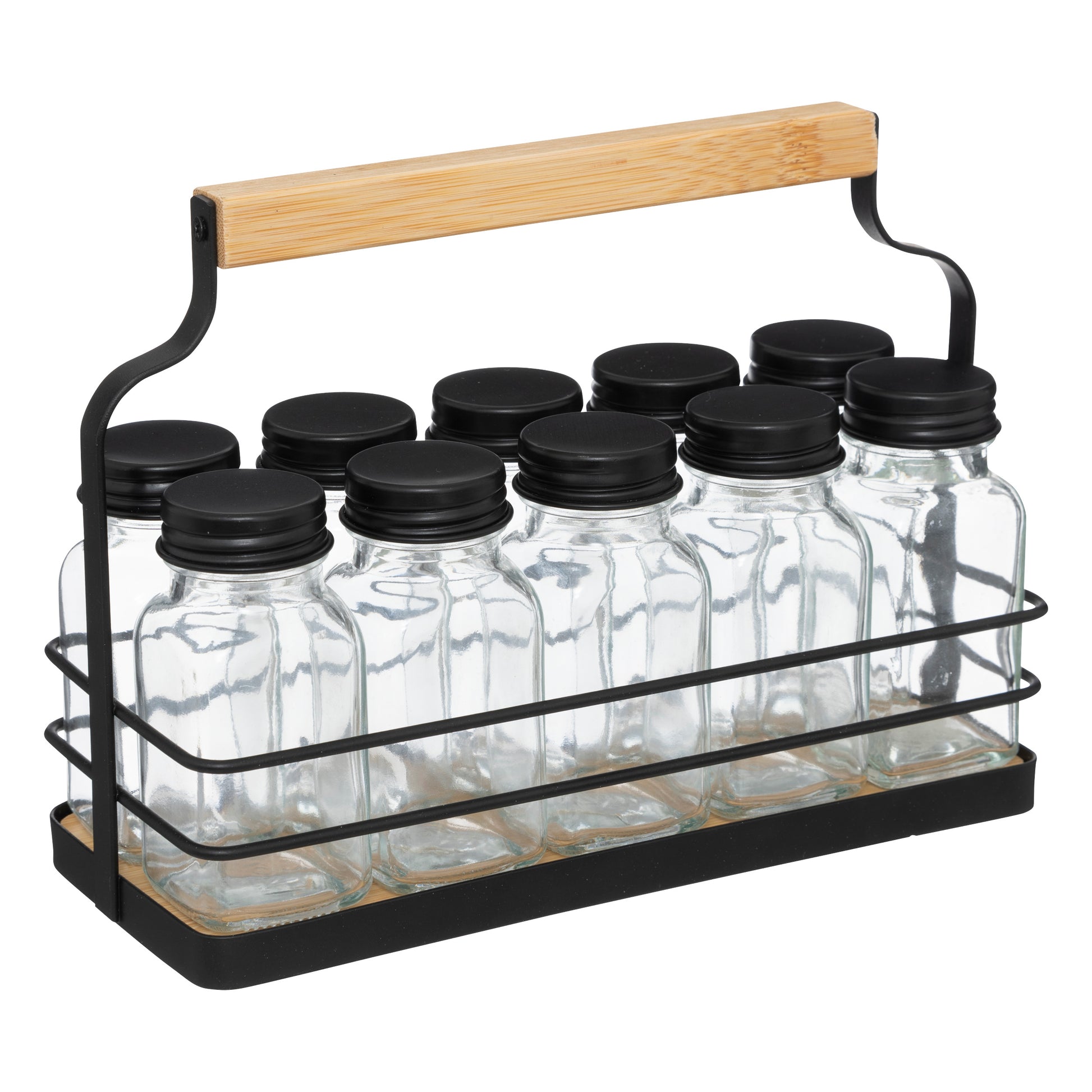 10-Jar Spice Rack Glass Holder Metal with Bamboo Handle & Base