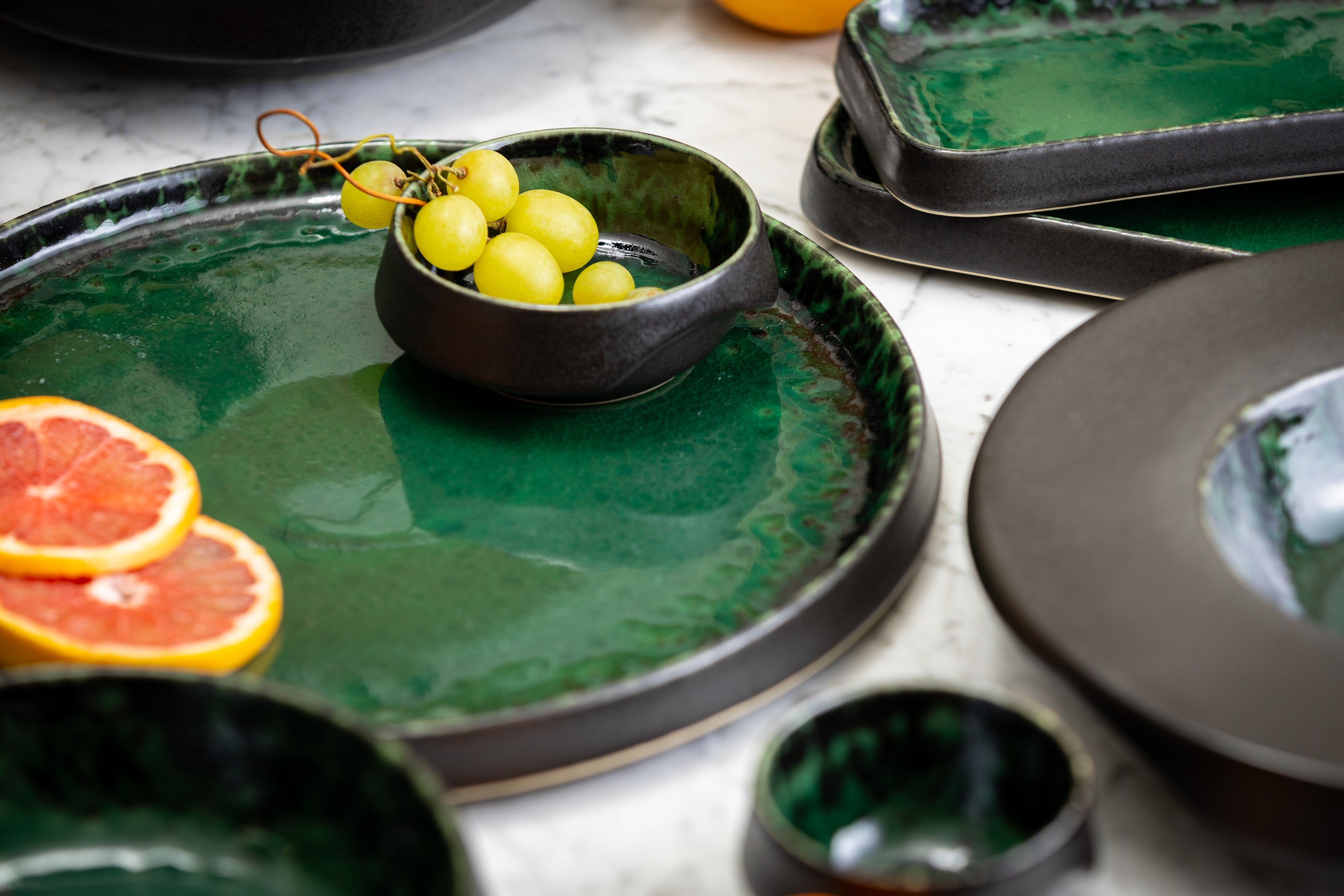 Round Black and Green Stoneware Bowl, Unique Modern Tableware