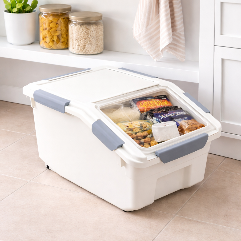 Stackable Storage Box with Front-Opening Lid and Transparent Top