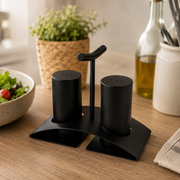 Matte Black Stainless Steel Salt & Pepper Set on Stand