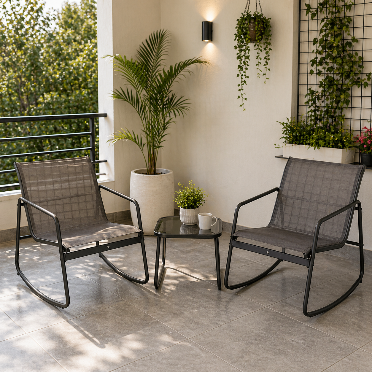 Steel Rocking Chair Set with Side Table