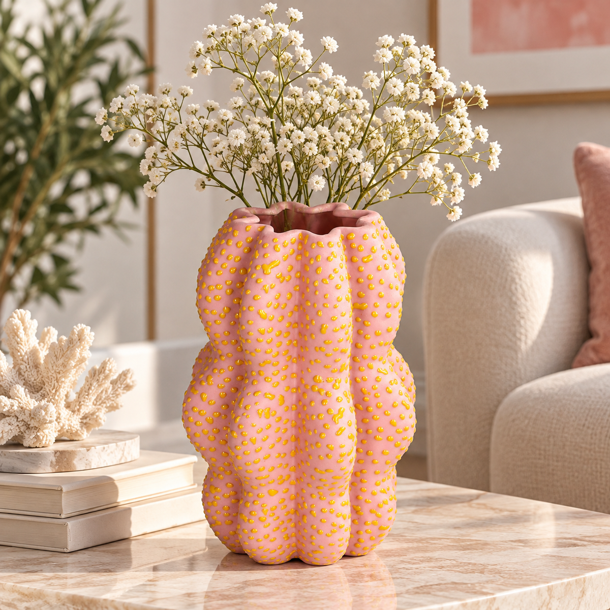 Spots Stoneware Decorative Vase Pink with Yellow Dots 31.5 cm