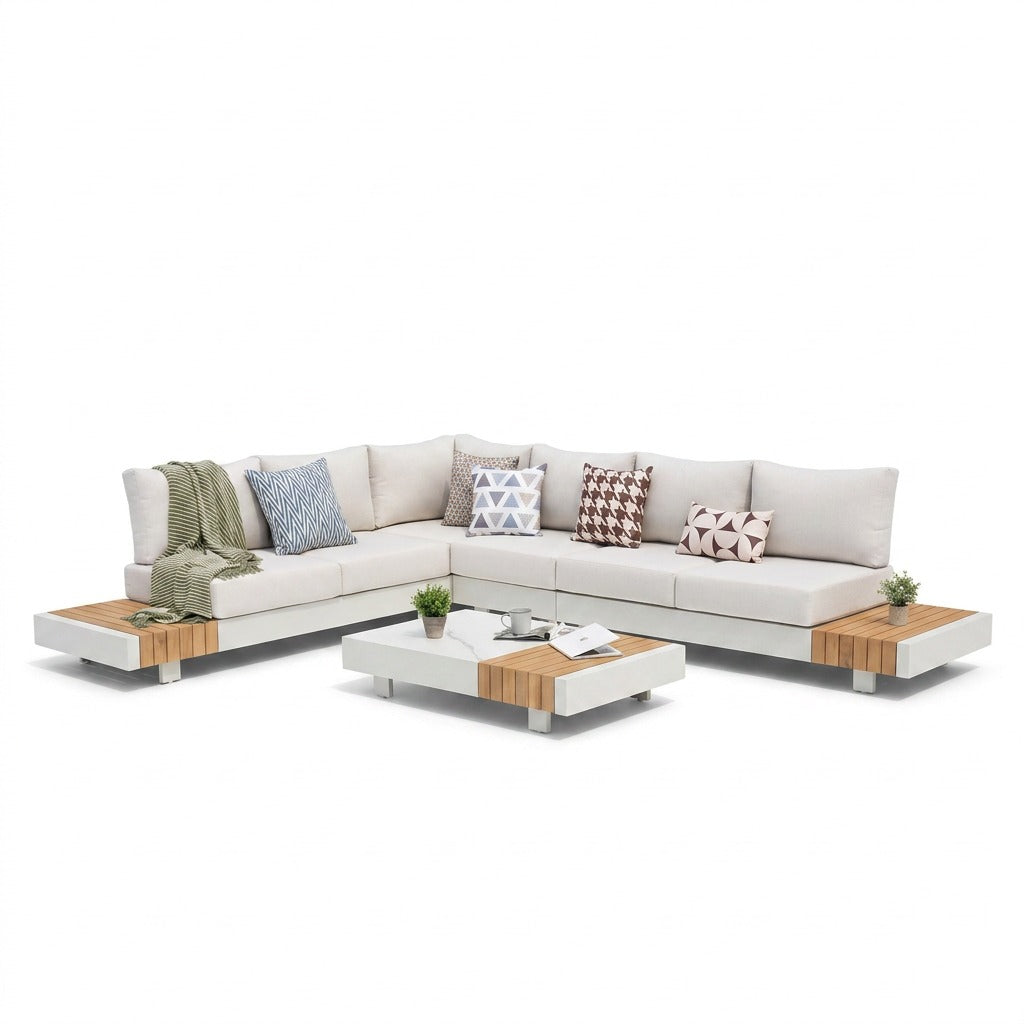 Modern Outdoor Corner Sofa Set Aluminum Frame Teak Accents 332 x 265 cm