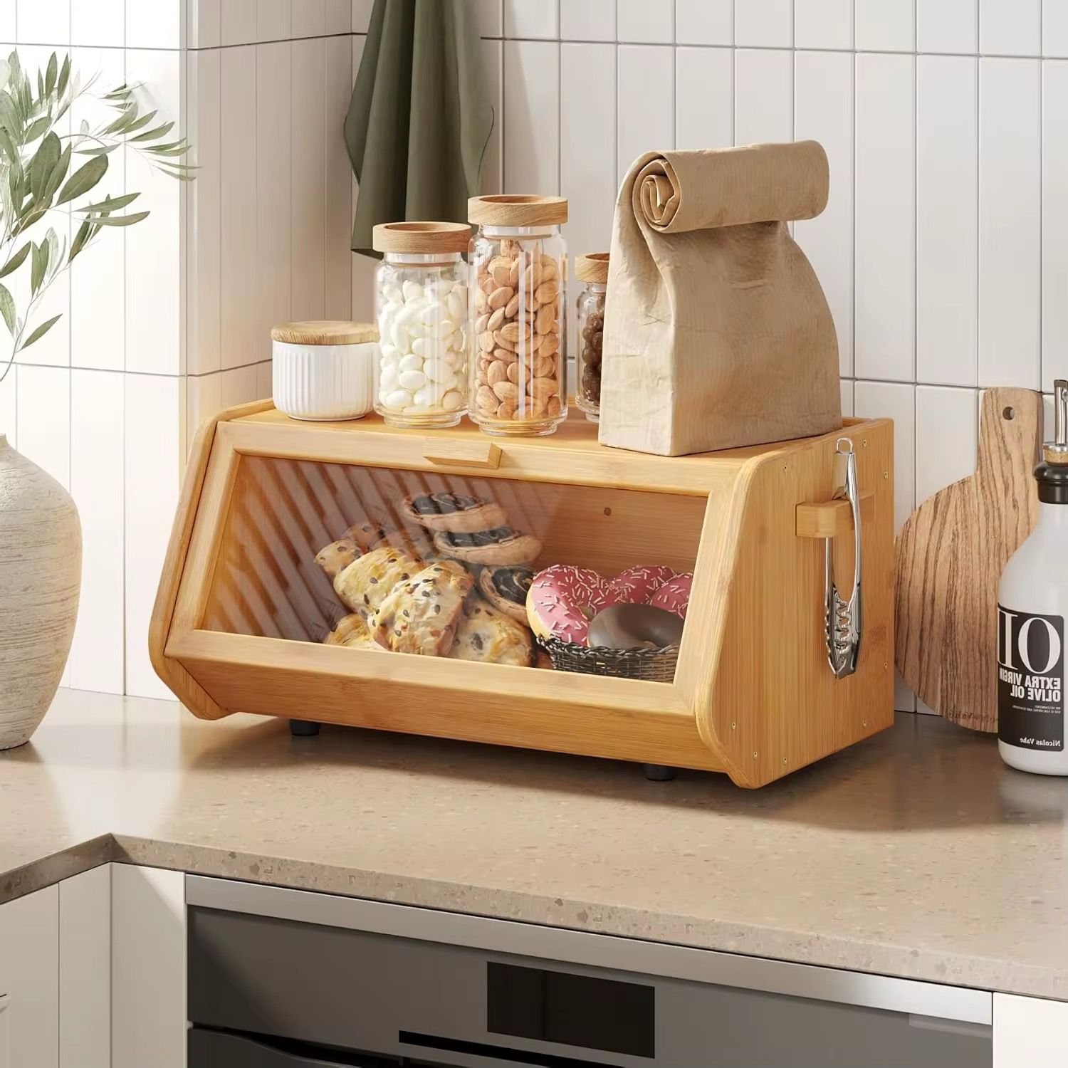 Bread Wooden Box Bamboo Kitchen Storage with Ventilated Lid
