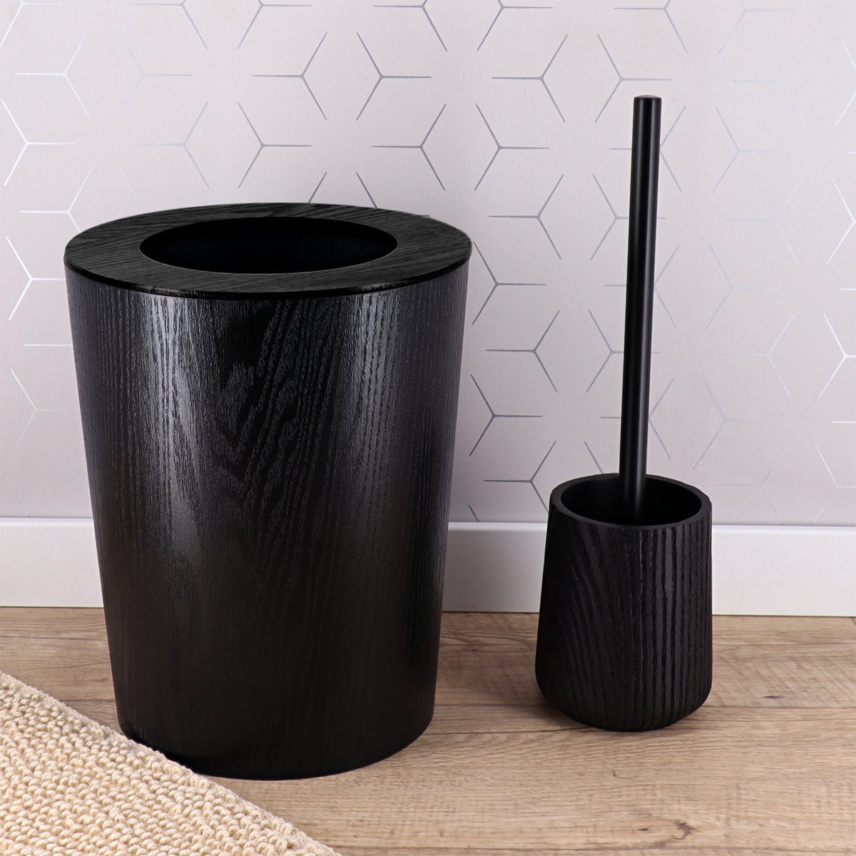 Toilet Brush Wood Effect Polyresin Bathroom Accessory Black or Natural