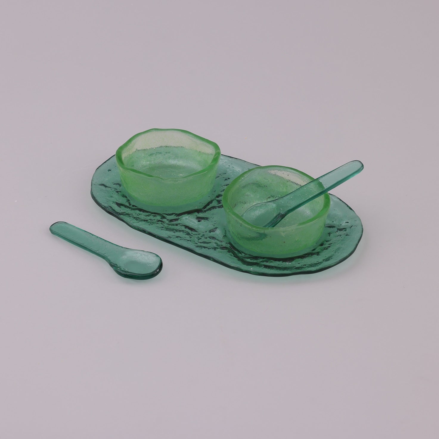 Set of 2 Glass Bowls with Spoons & Tray