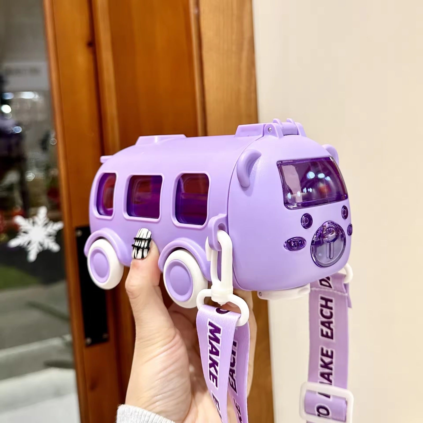 Cartoon Bus Water Bottle with Straw & Wheels