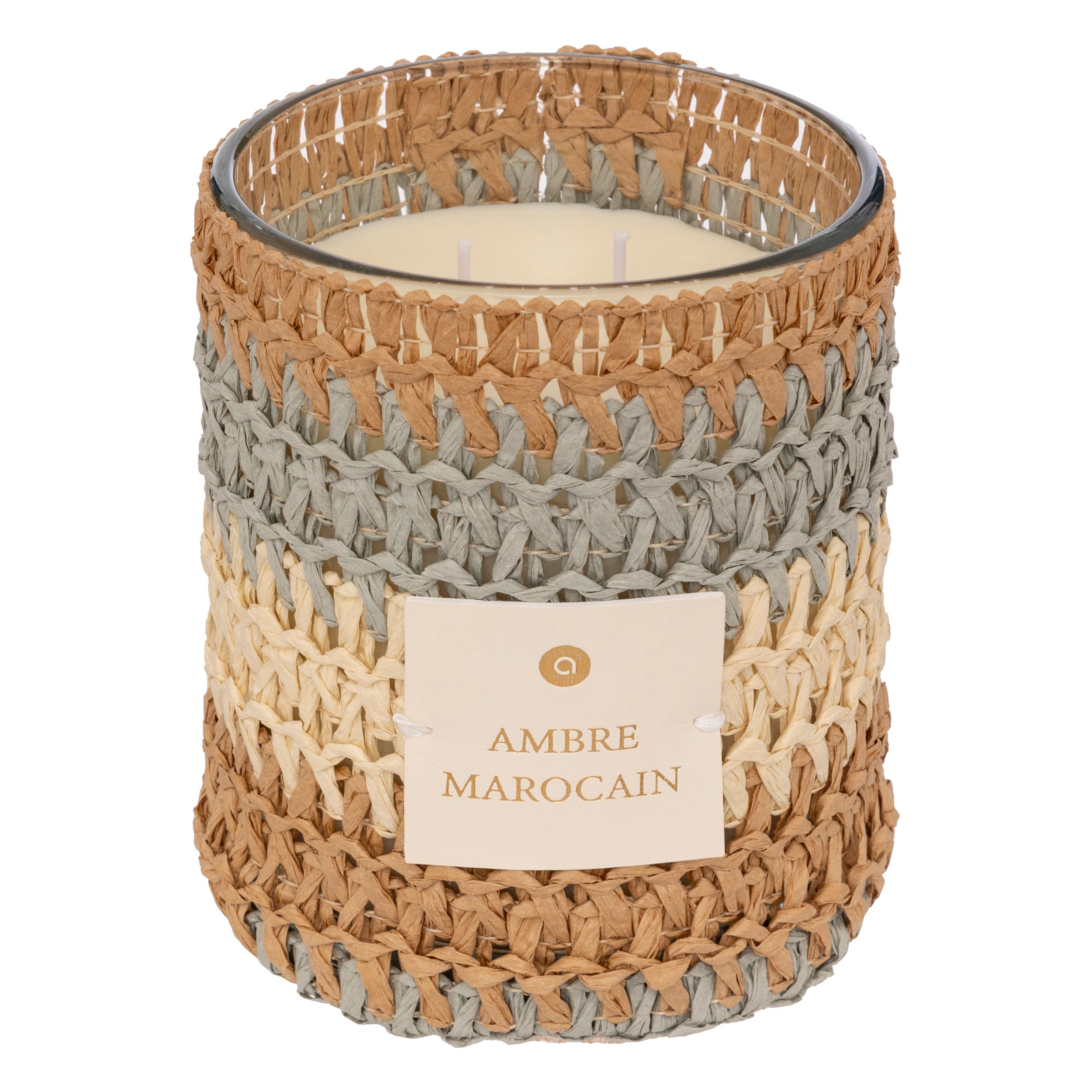 Scented Candle "Zaya" — 470g Amber Woody, 2-Wick Glass, Woven Cover