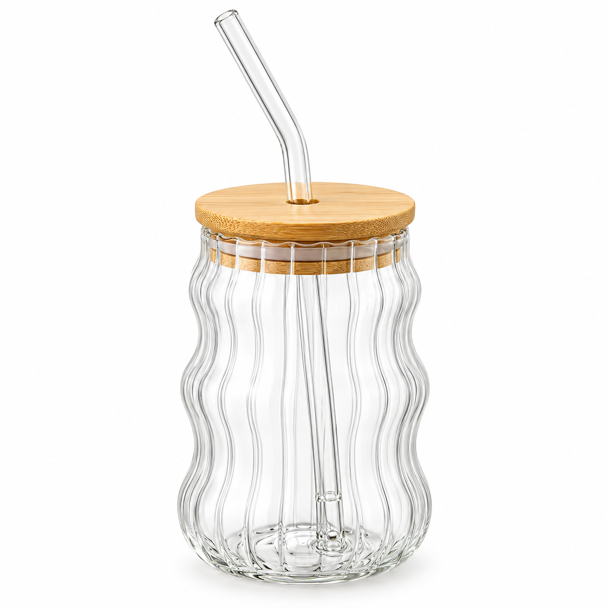 Wavy Glass Drinking Cup with Bamboo Lid & Glass Straw
