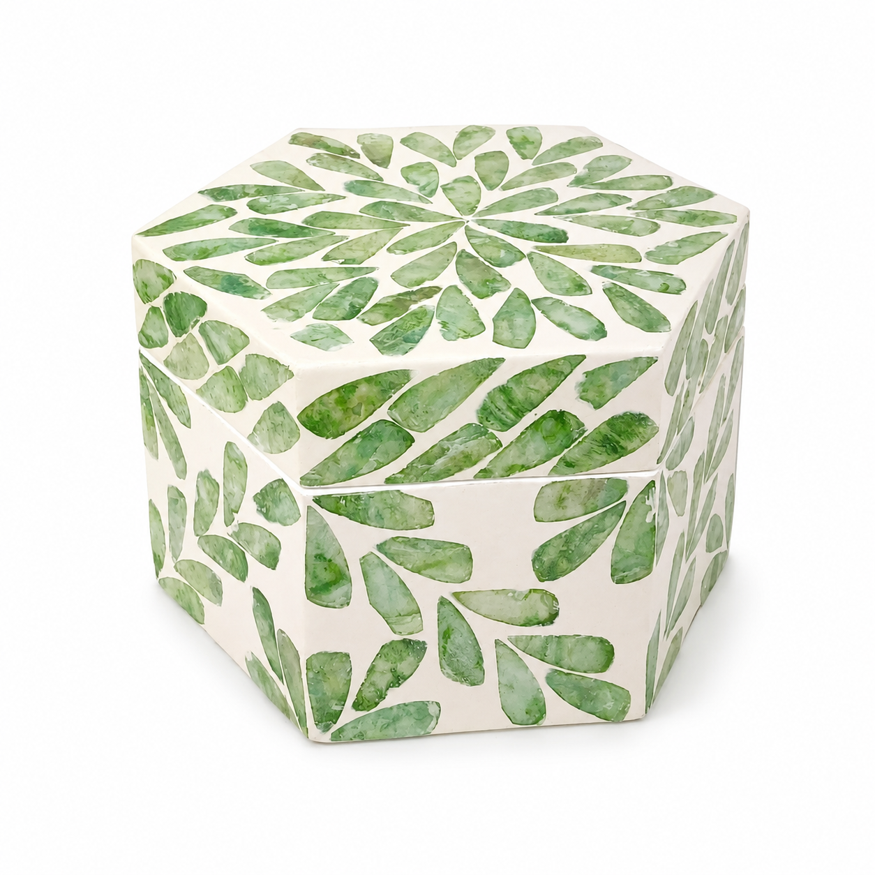 Hexagon Box with Floral Capiz – 36 × 32 cm