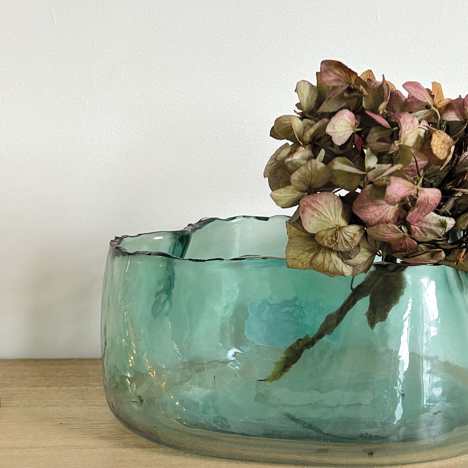 Round Bowl Vase with Irregular Edge Green Glass Decorative Centerpiece