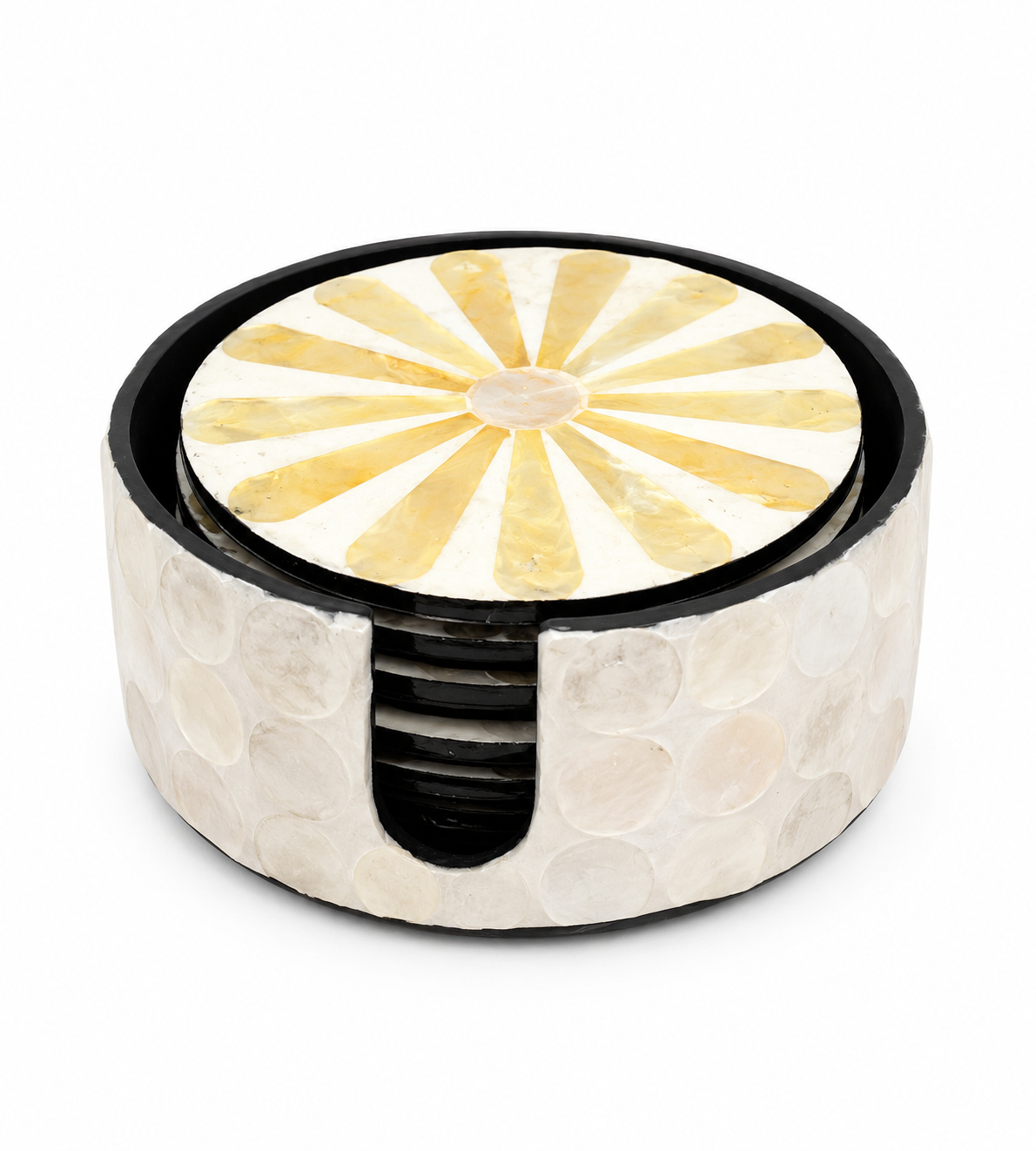 Set of 6 Floral Capiz Coasters with Holder