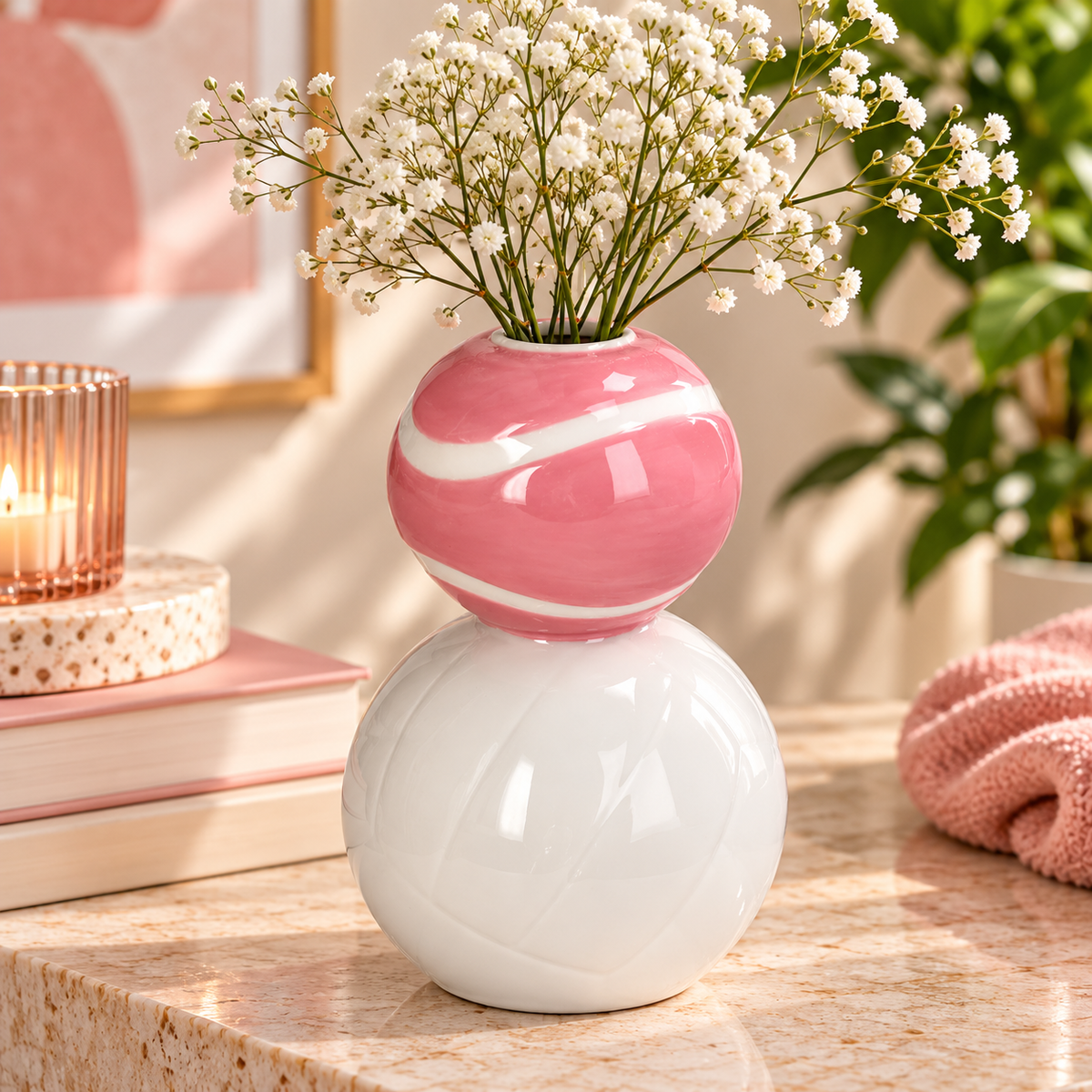 Sport Balls Dolomite Vase Double-Sphere Tabletop 9.7x9.7x15 cm Pink