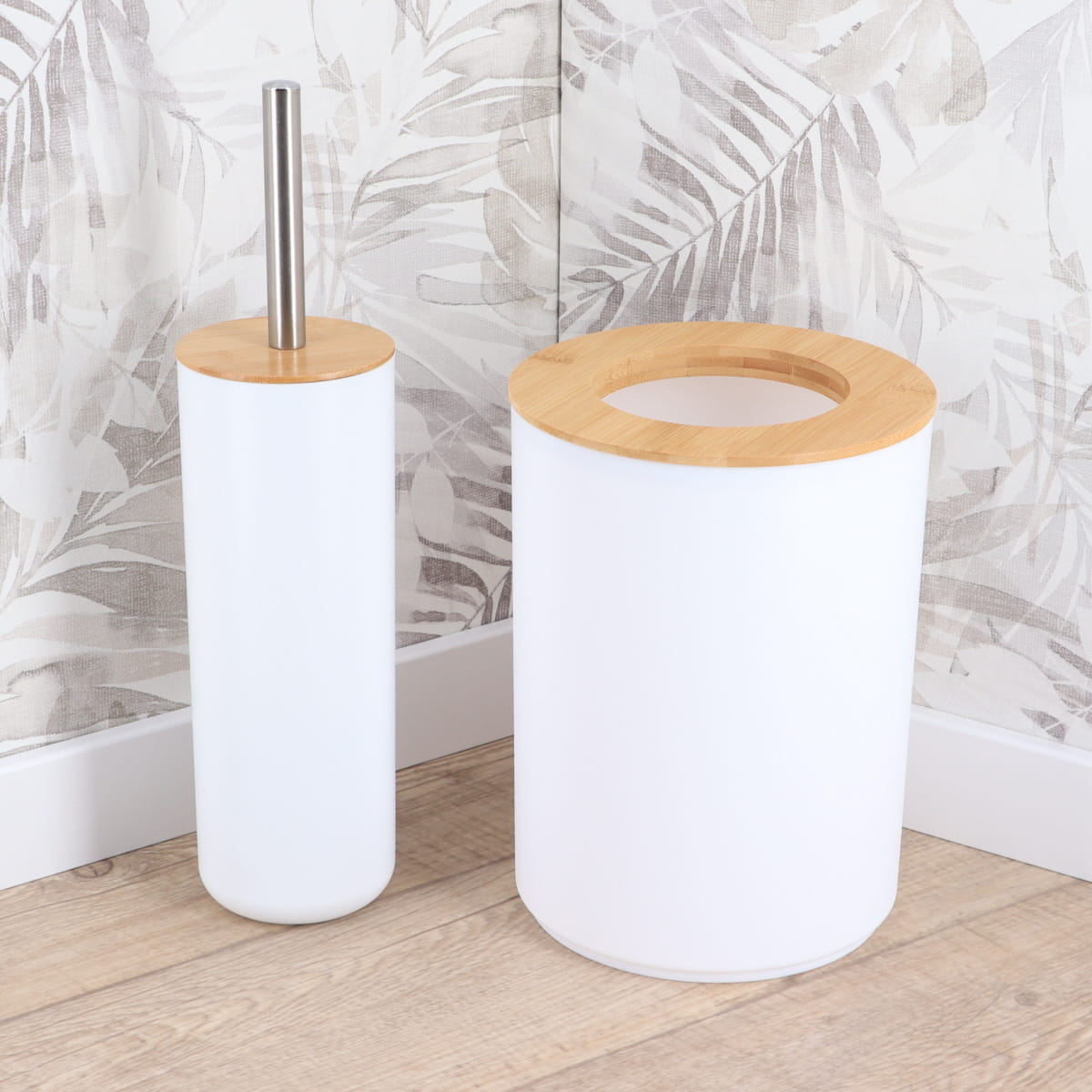 Round Bin with Bamboo Cover, Modern Bathroom Waste Bin, 5L