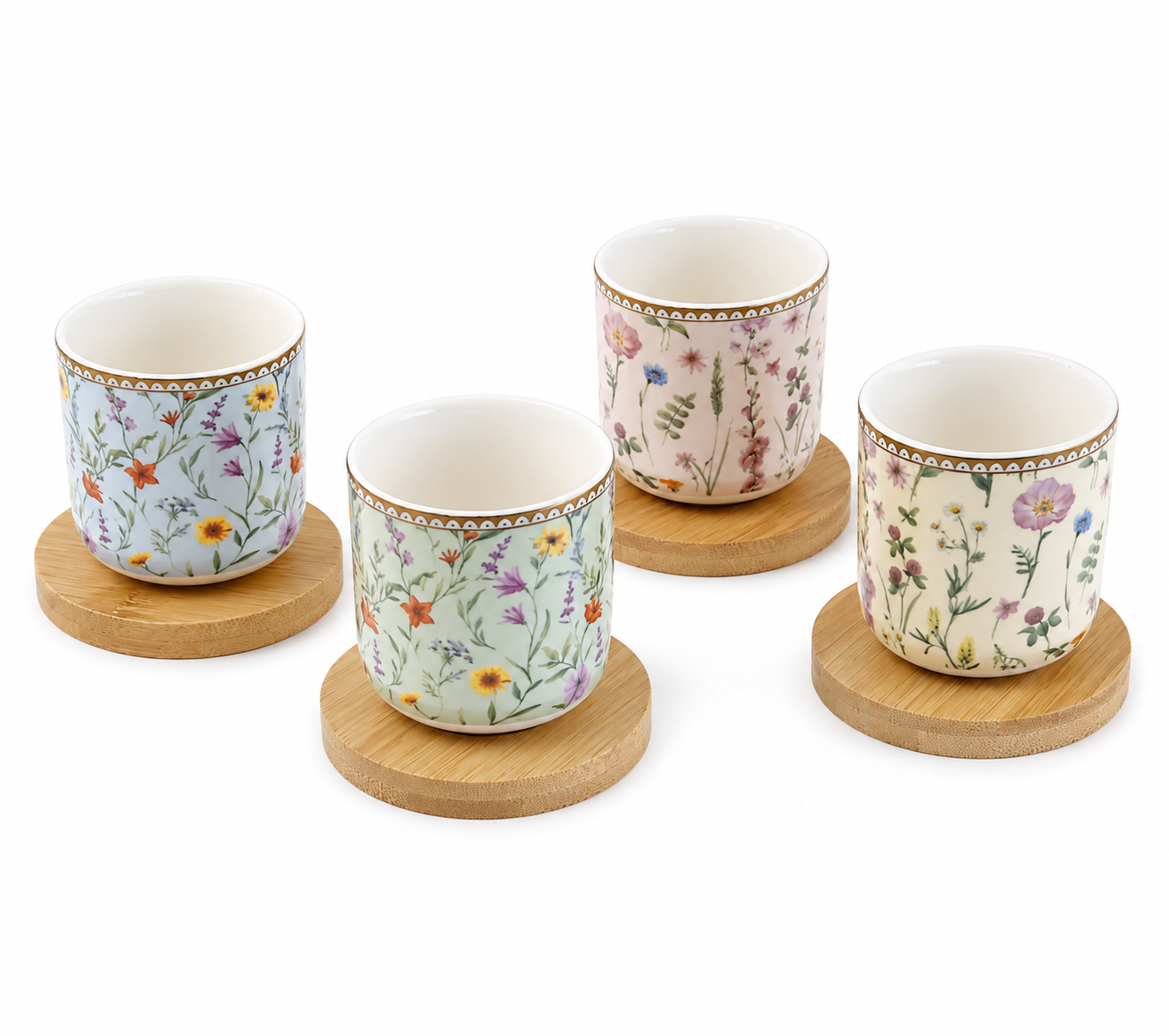 Set of 4 Coffee Cups with Bamboo Saucers – Meadow Flower – Ø6 cm
