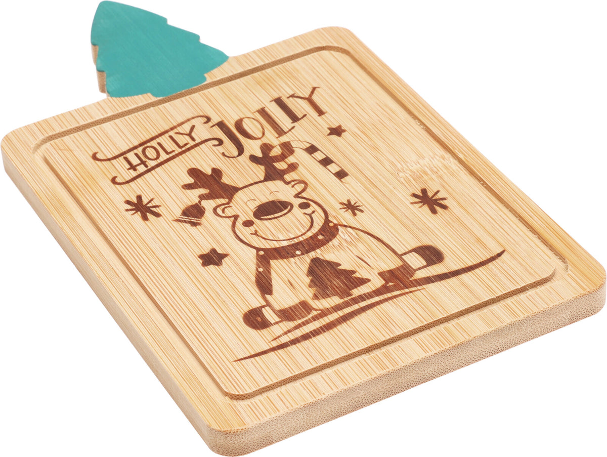 Serving Plate Bamboo 19x11cm Engraved Christmas Design, 3 Handles