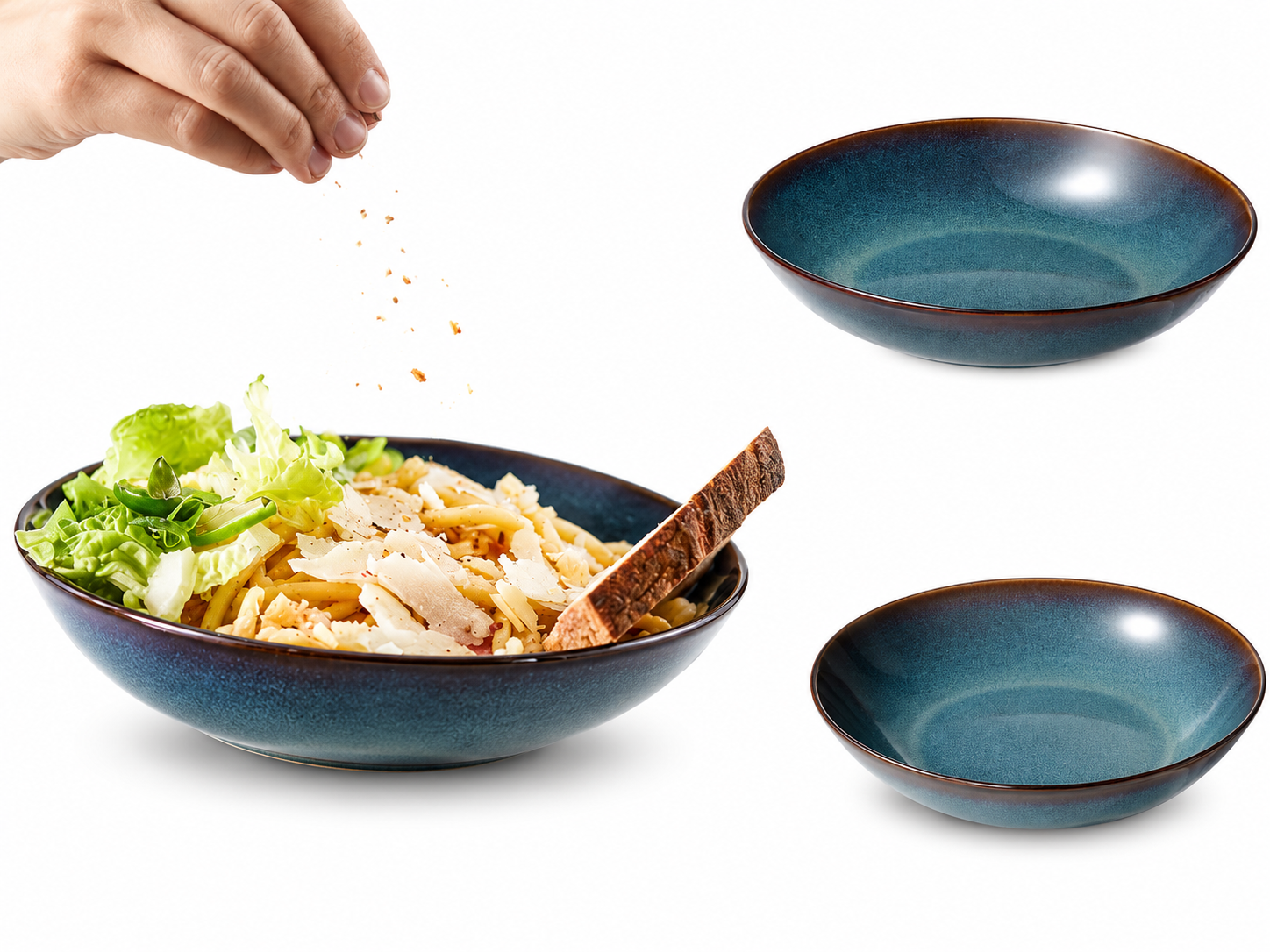 Ocean Blue Glazed Deep Plate with Golden-Brown Details