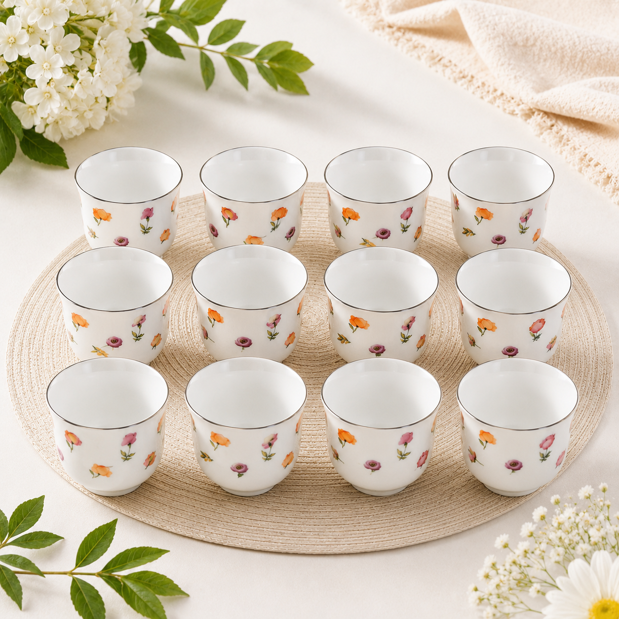 SET OF 12 COFFEE CUPS WITH FLOWERS DESIGN