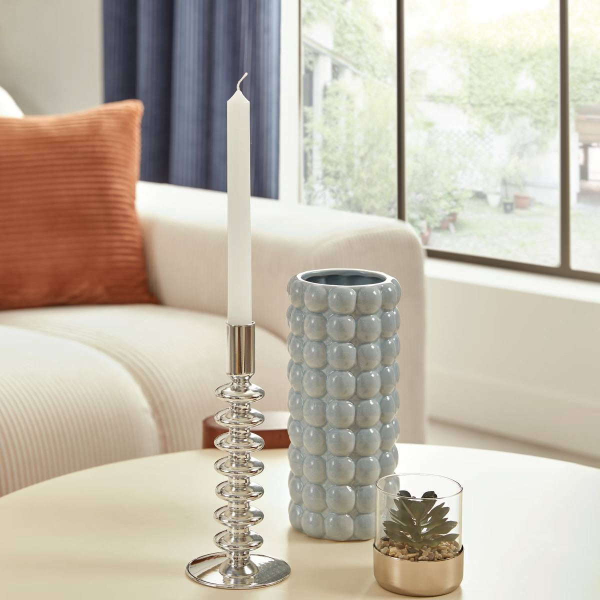 Candle Holder "Sky" Sculpted Borosilicate Glass Taper Holder, Silver