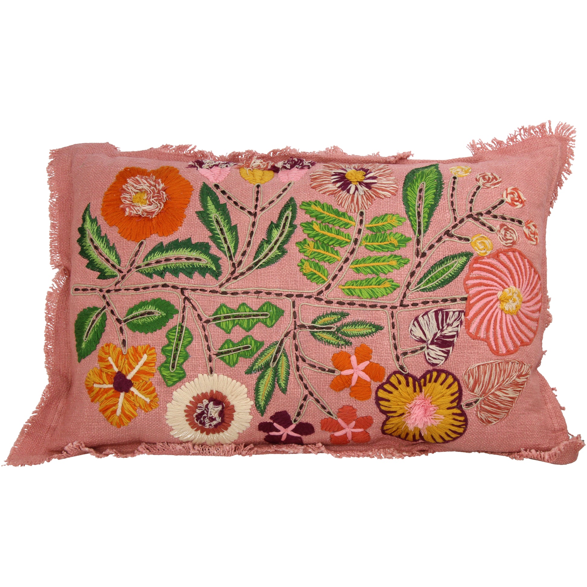 Cotton Pillow with Embroidered Flowers and Fringe