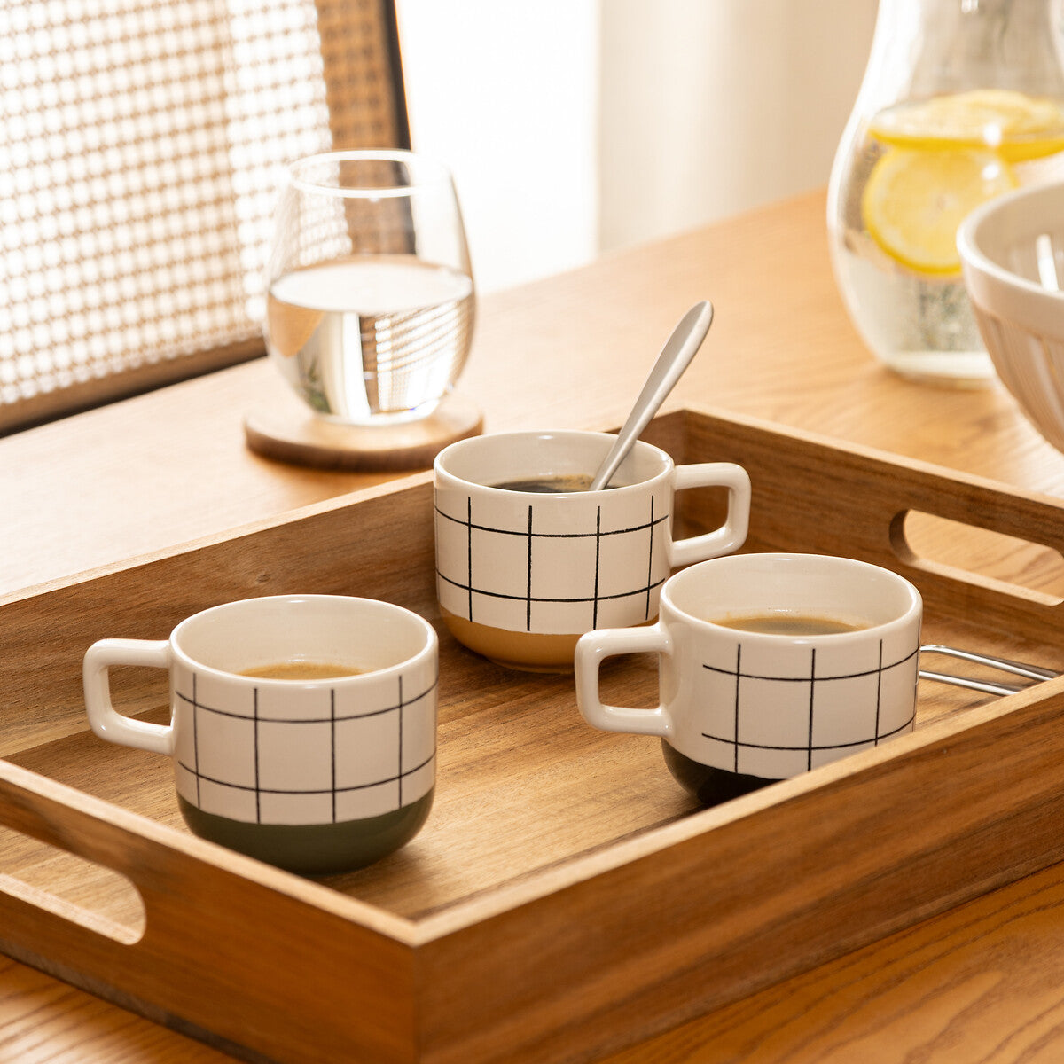 Stoneware Coffee Mug Set - 6 Piece Grid Design, 22cl