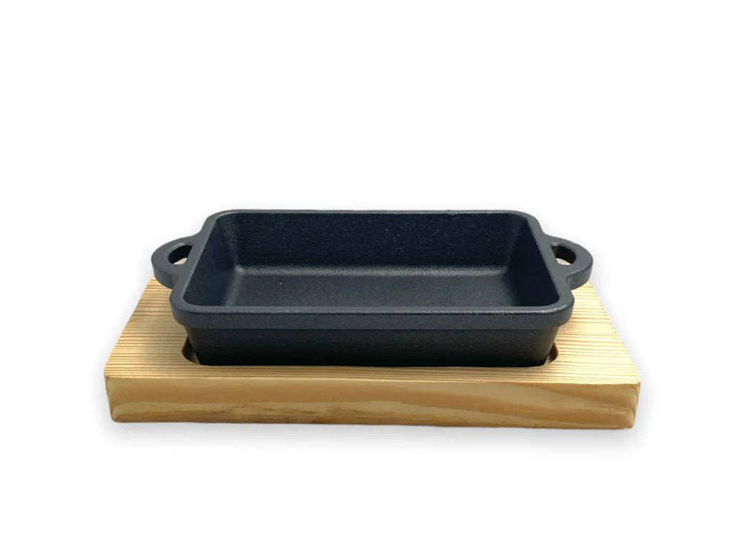 Cast Iron Rectangular Sizzling Platter with Wooden Base – 15 cm