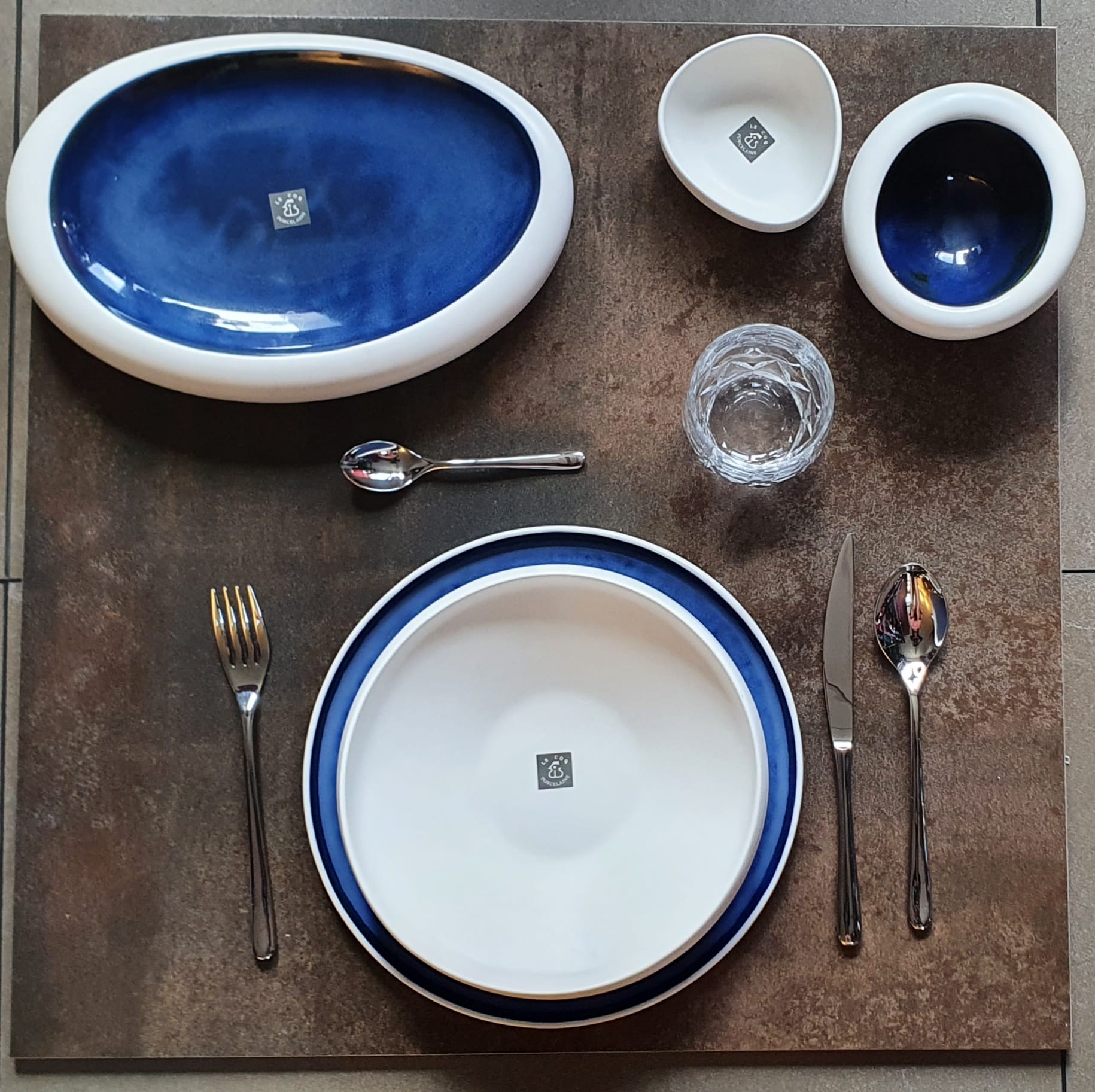 White Matt and Blue Soup Plate Porcelain Deep Dish Oblique Round 21cm