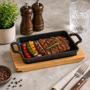 Cast Iron Rectangular Sizzling Platter with Wooden Base – 21 cm