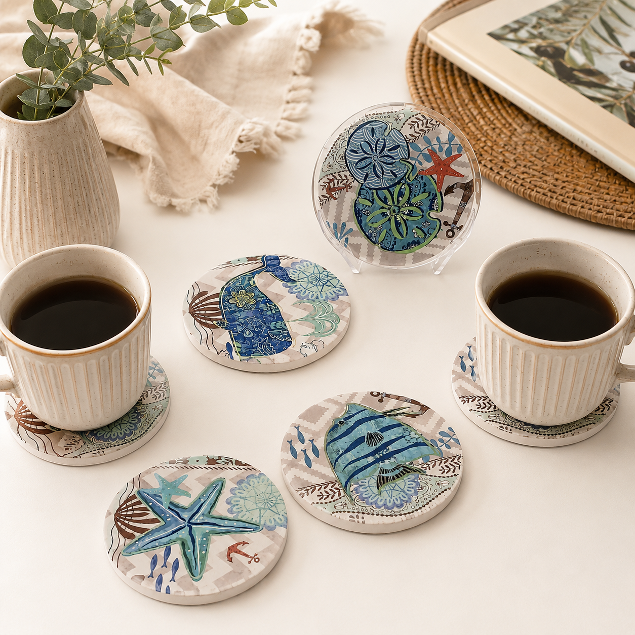 Set of 4 Round Coasters “Beach” – 10 cm