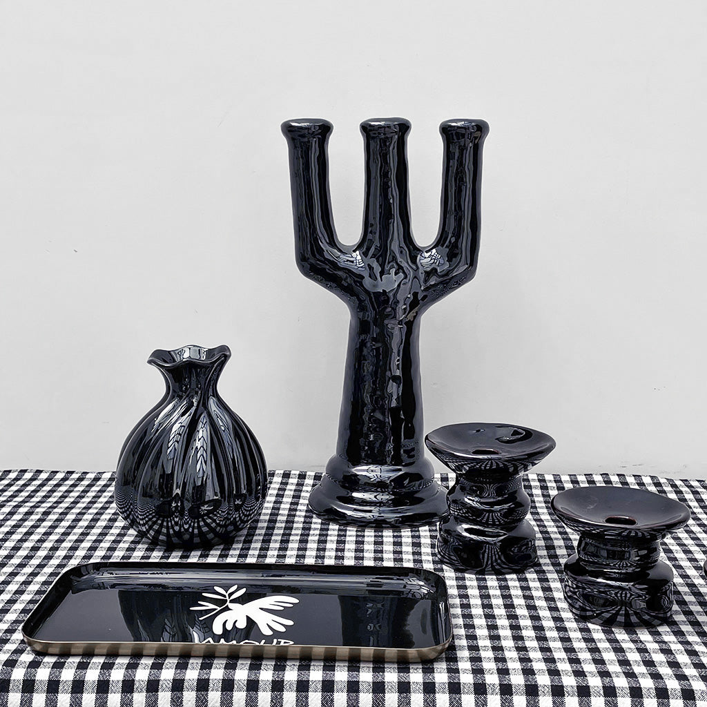 Pottery Black Candleholder Chandelier Ceramic Three-Arm Table Decor